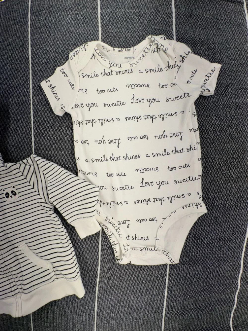 Kids—Carter's White and Black Striped Hoodie & White Script One-Piece Set
